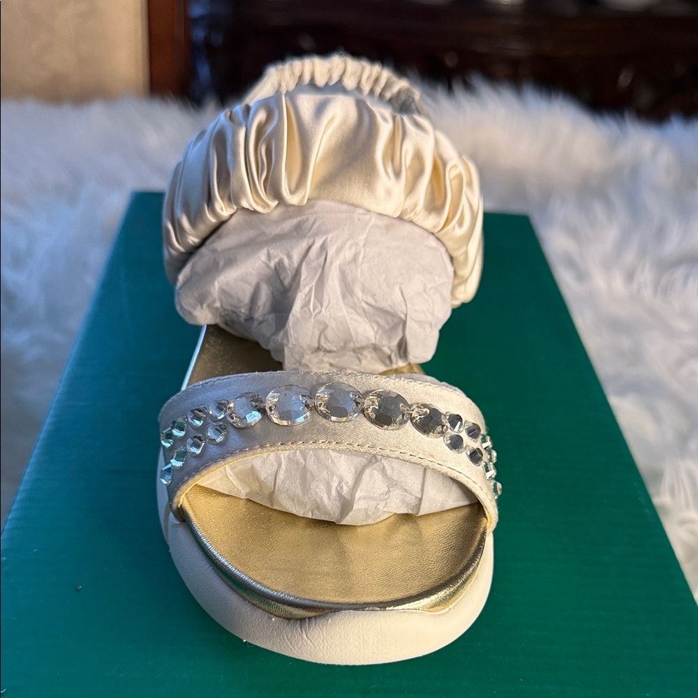 Lauren Lorraine Cream Satin Sandals with Rhinestones